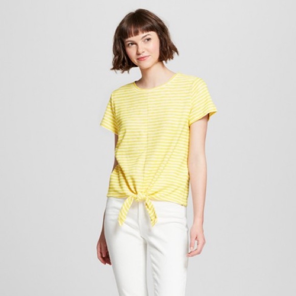 Yellow Stripe Tie Front Short Sleeve